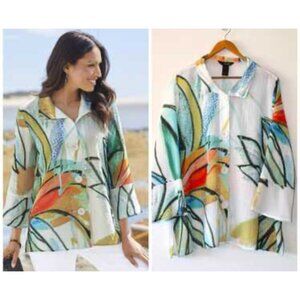 Ali Miles Womens Abstract Print Button Tunic Top S Oversized Travel Casual Artsy